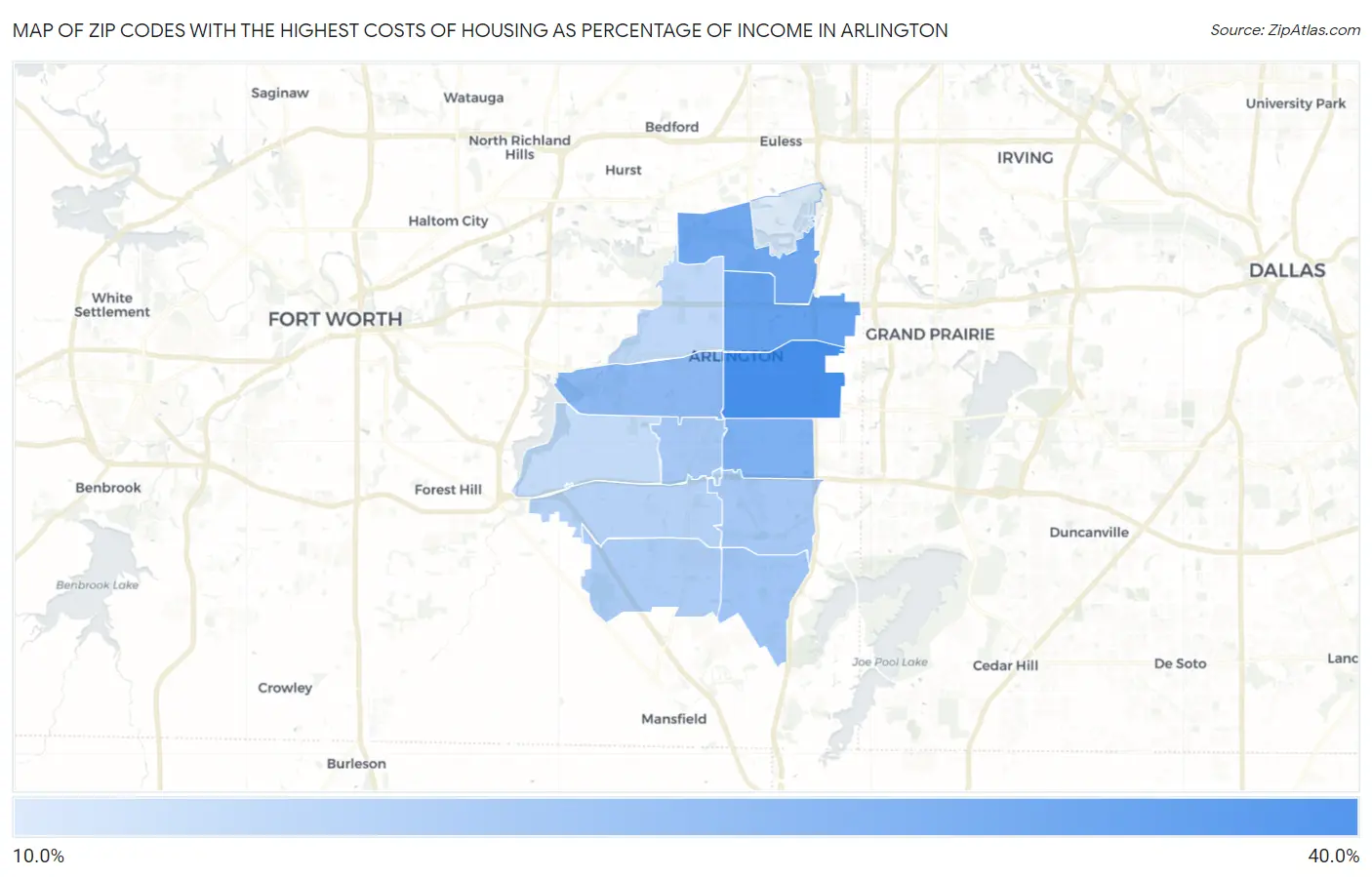 Zip Codes with the Highest Costs of Housing as Percentage of Income in Arlington Map