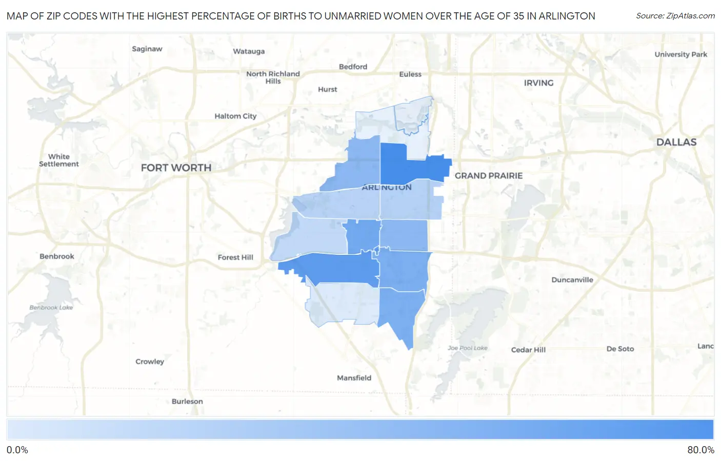 Zip Codes with the Highest Percentage of Births to Unmarried Women over the Age of 35 in Arlington Map