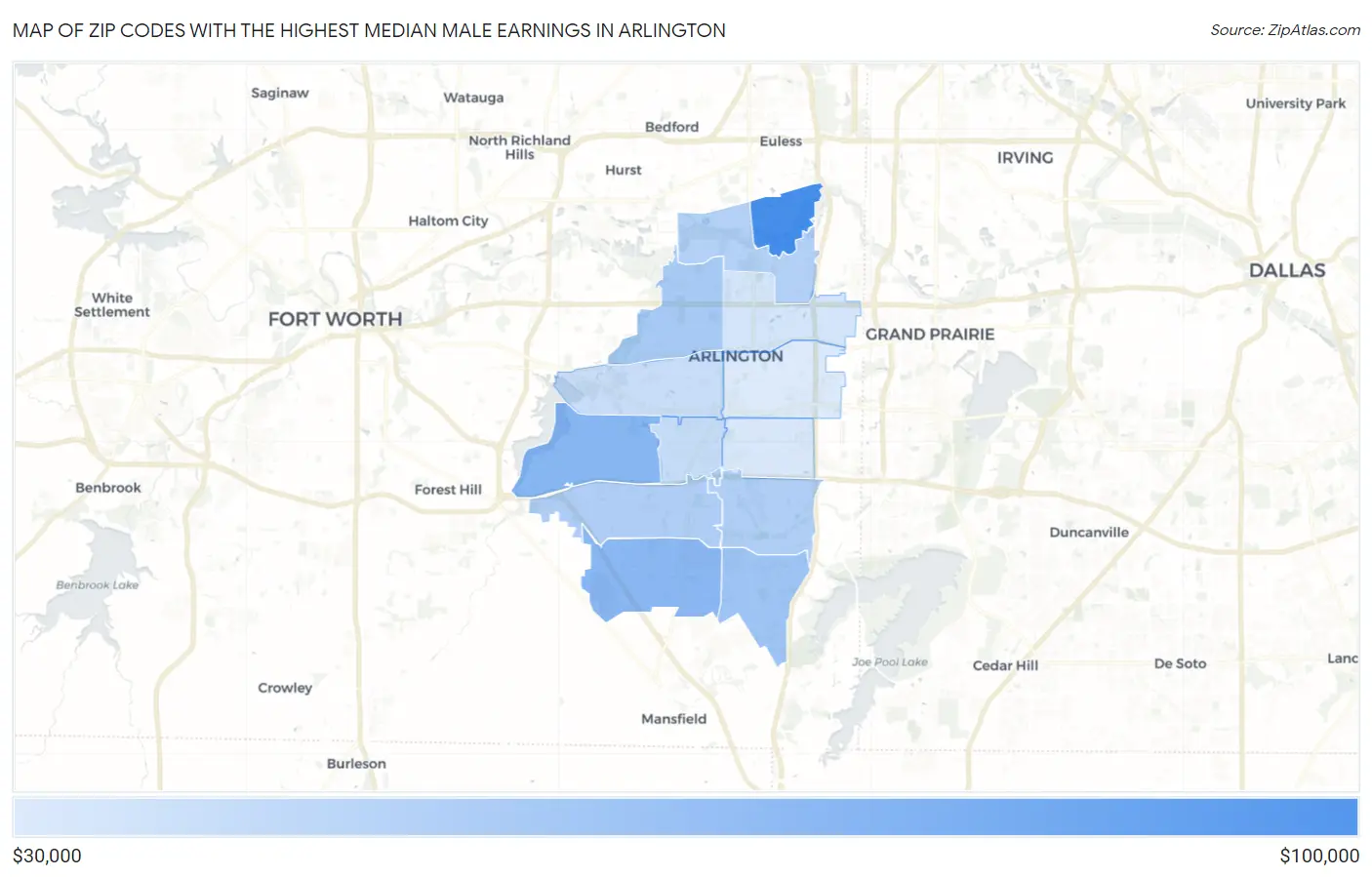 Zip Codes with the Highest Median Male Earnings in Arlington Map