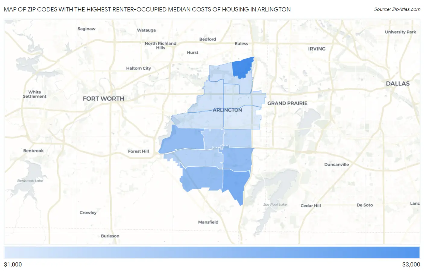 Zip Codes with the Highest Renter-Occupied Median Costs of Housing in Arlington Map