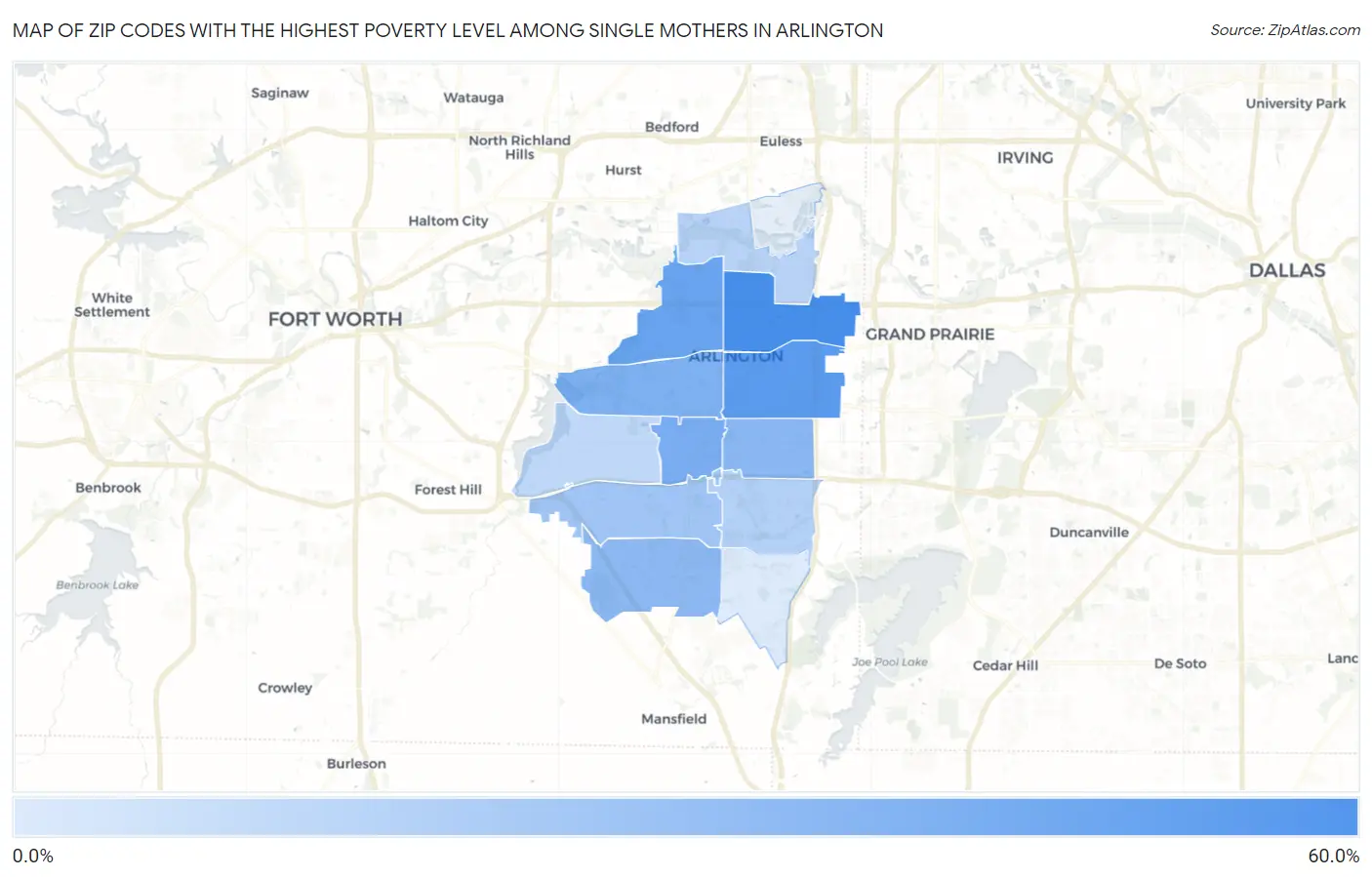 Zip Codes with the Highest Poverty Level Among Single Mothers in Arlington Map