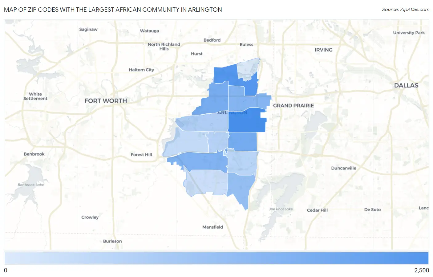 Zip Codes with the Largest African Community in Arlington Map