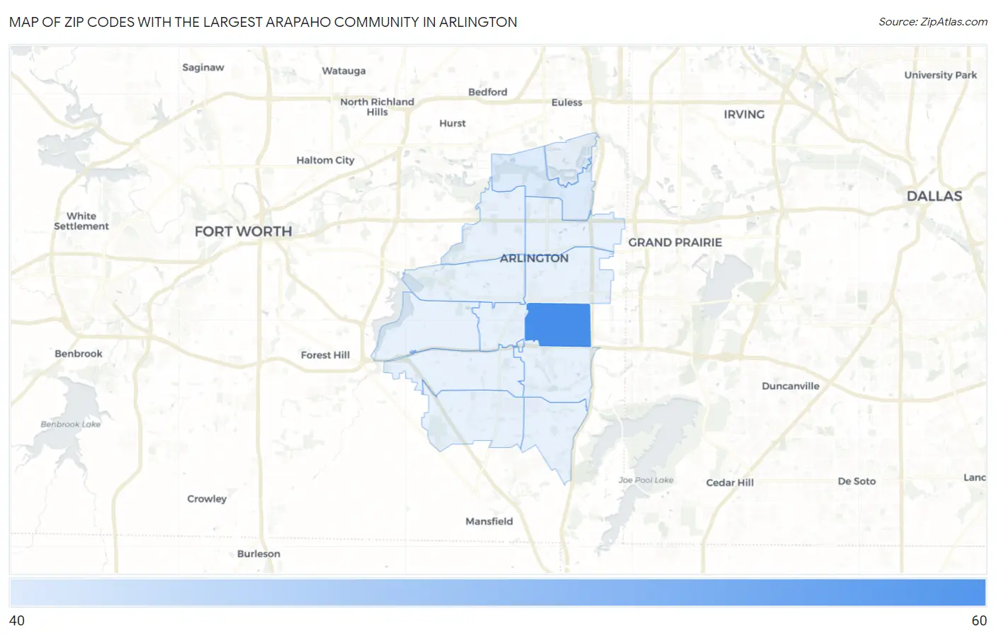 Zip Codes with the Largest Arapaho Community in Arlington Map