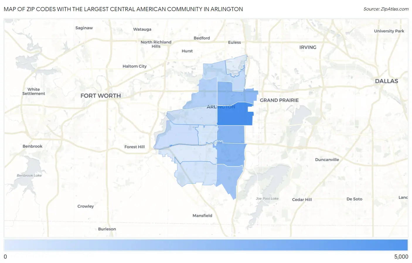 Zip Codes with the Largest Central American Community in Arlington Map