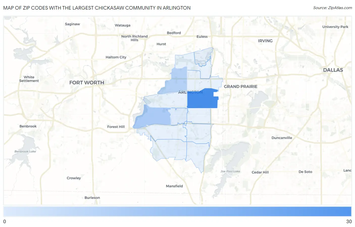 Zip Codes with the Largest Chickasaw Community in Arlington Map