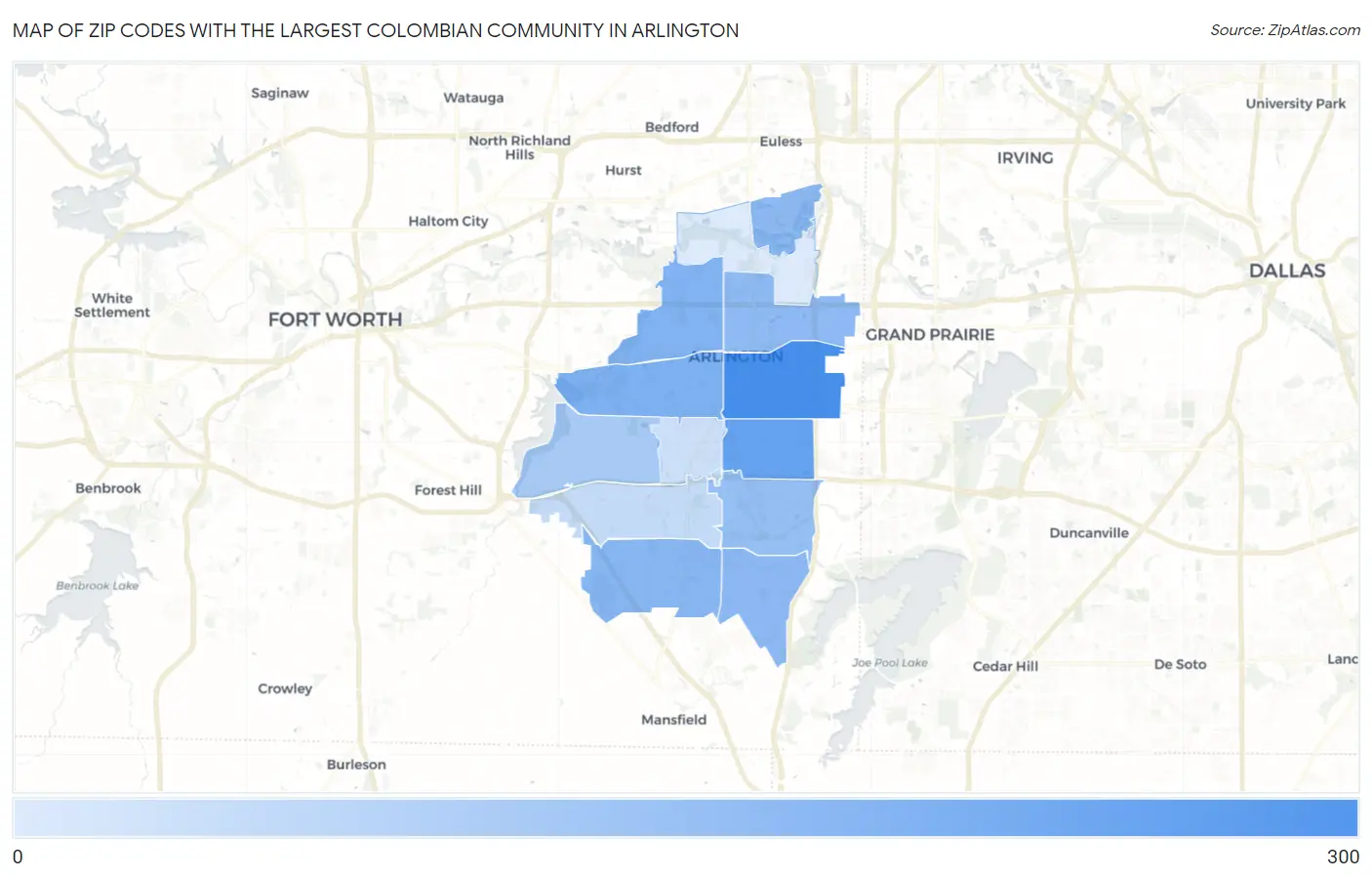 Zip Codes with the Largest Colombian Community in Arlington Map