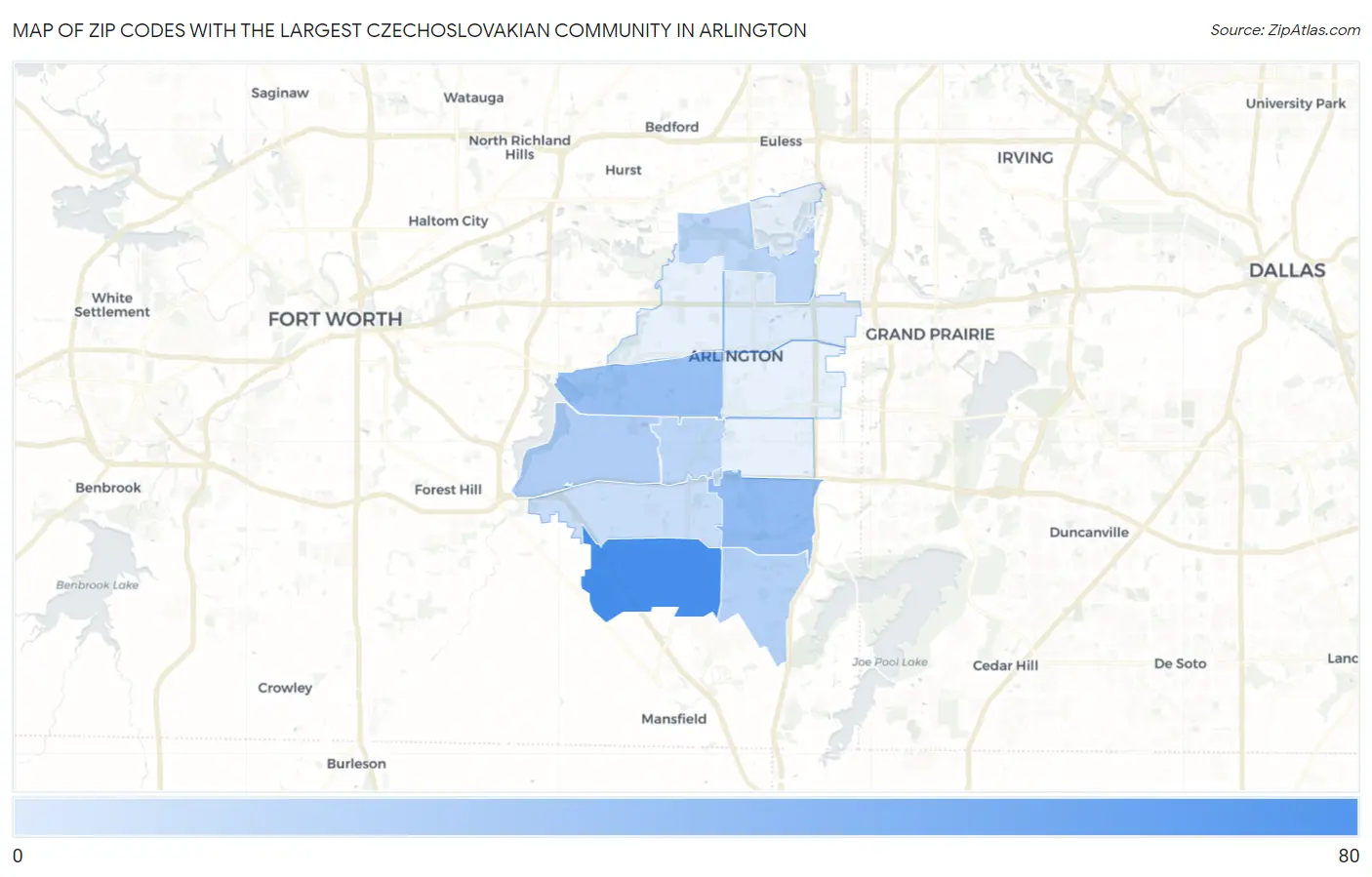 Zip Codes with the Largest Czechoslovakian Community in Arlington Map