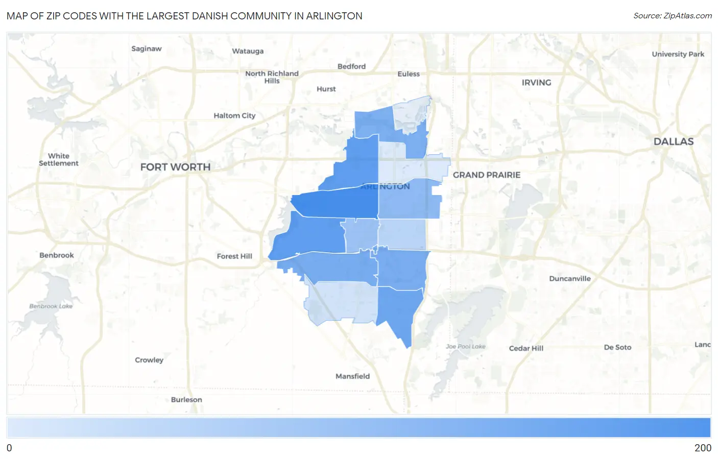 Zip Codes with the Largest Danish Community in Arlington Map