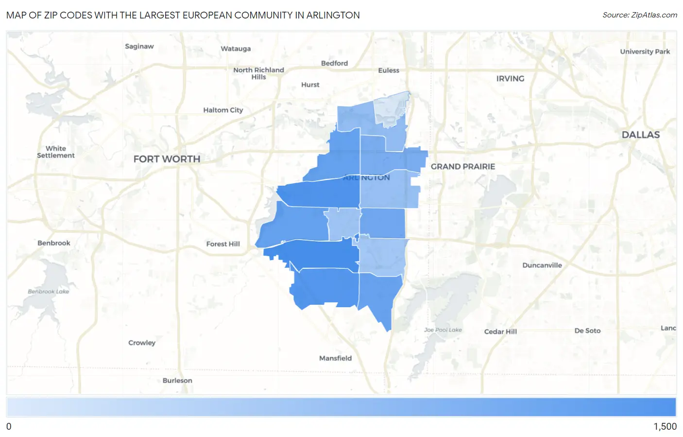 Zip Codes with the Largest European Community in Arlington Map