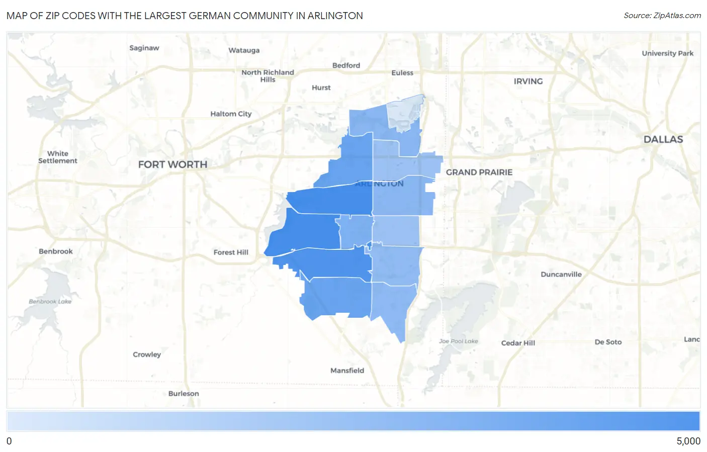 Zip Codes with the Largest German Community in Arlington Map