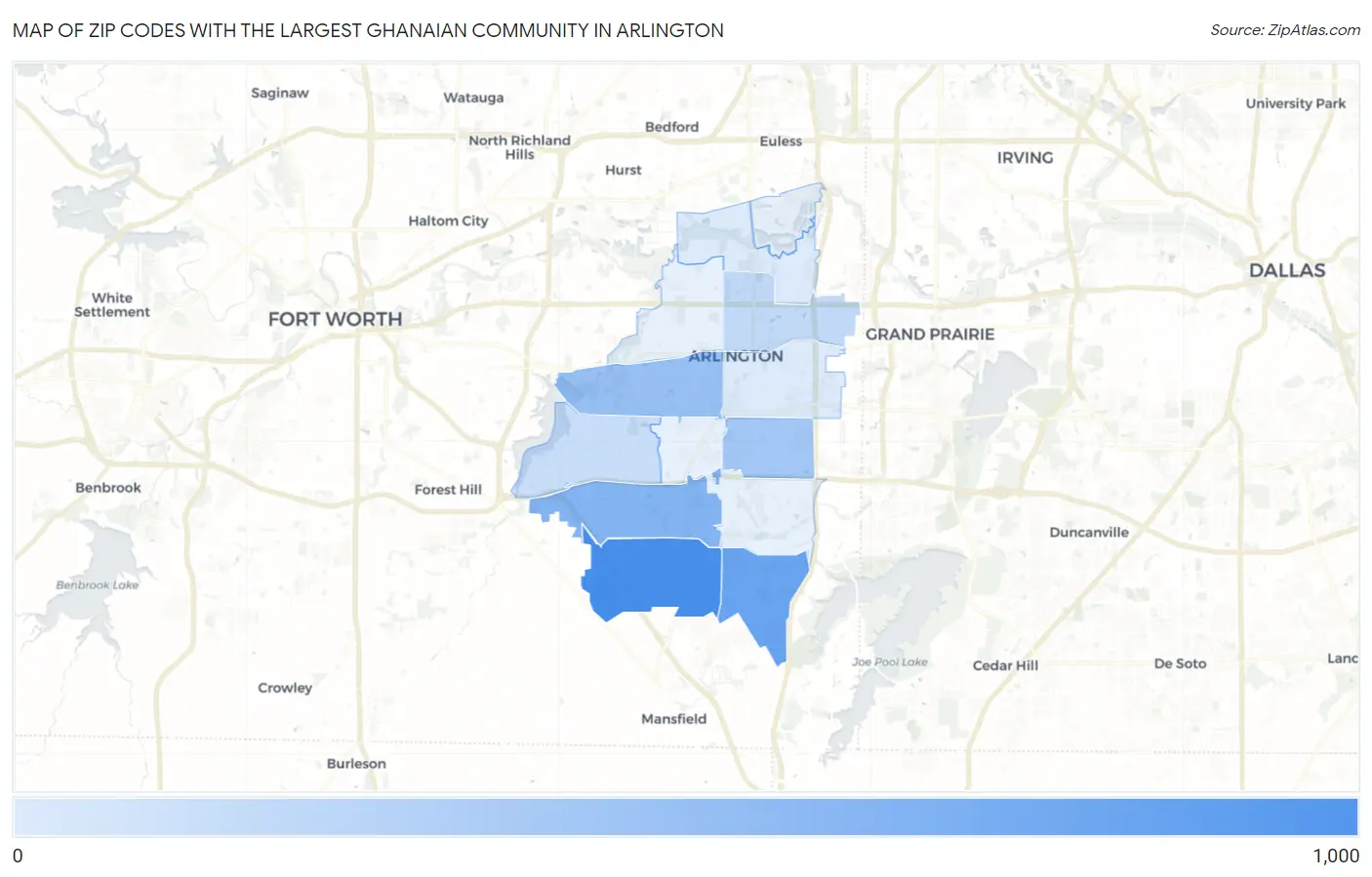 Zip Codes with the Largest Ghanaian Community in Arlington Map