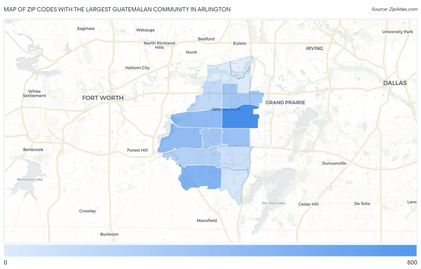Zip Codes with the Largest Guatemalan Community in Arlington Map