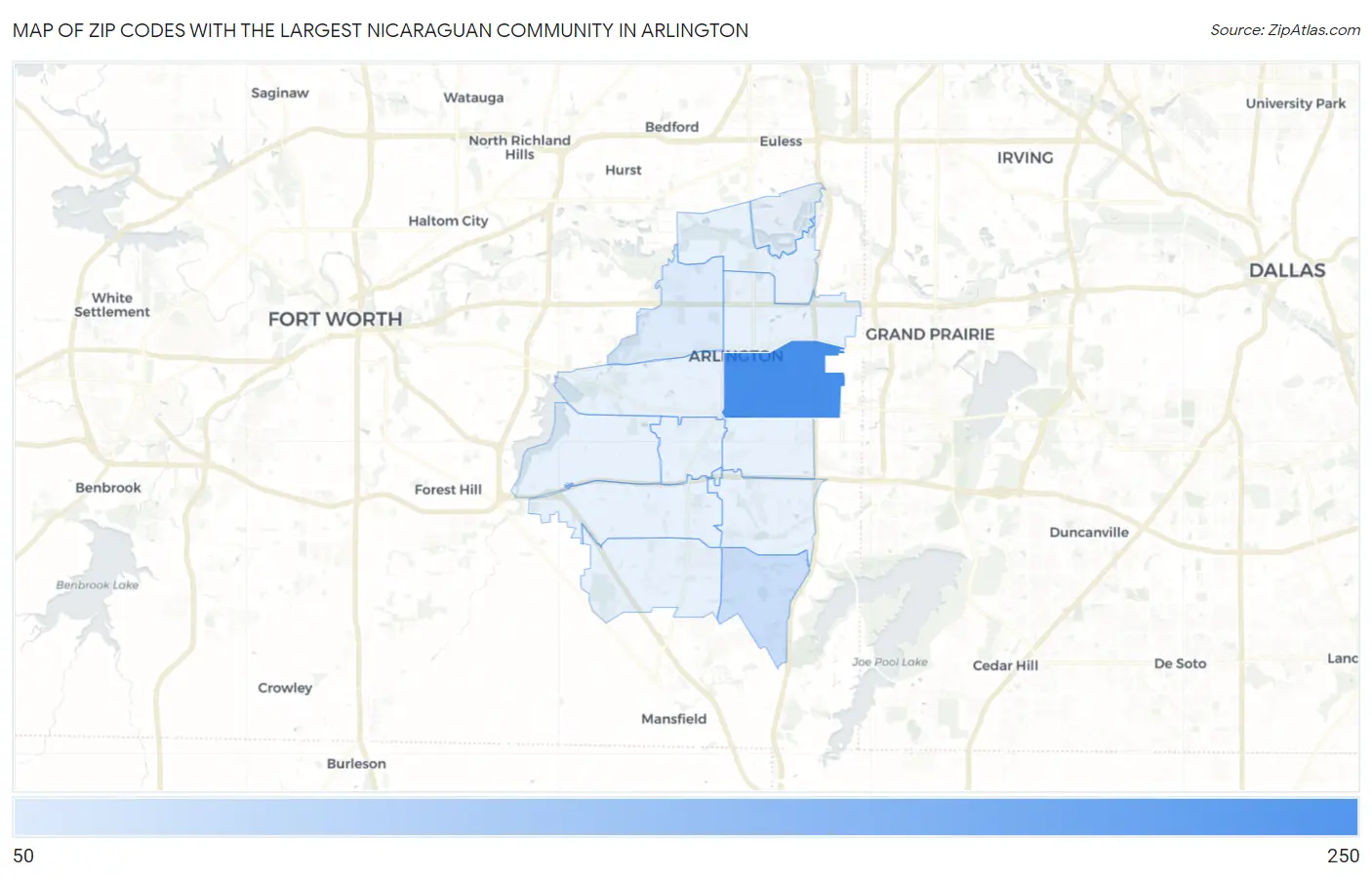 Zip Codes with the Largest Nicaraguan Community in Arlington Map