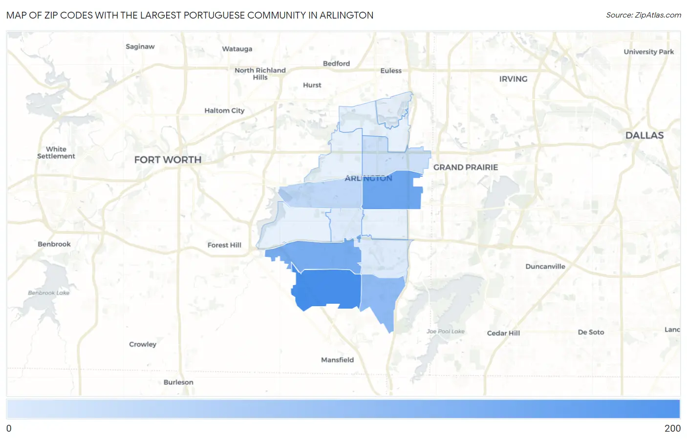 Zip Codes with the Largest Portuguese Community in Arlington Map