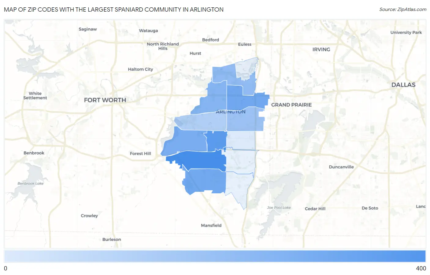 Zip Codes with the Largest Spaniard Community in Arlington Map