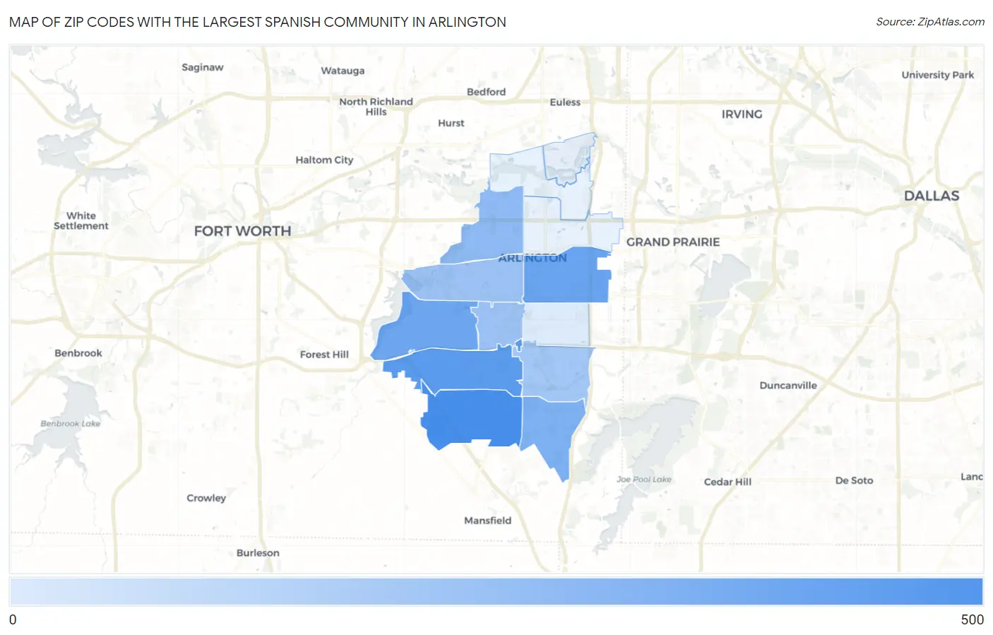 Zip Codes with the Largest Spanish Community in Arlington Map