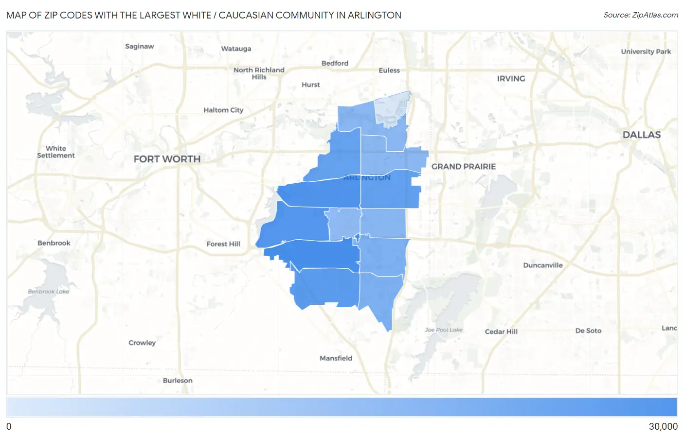 Zip Codes with the Largest White / Caucasian Community in Arlington Map