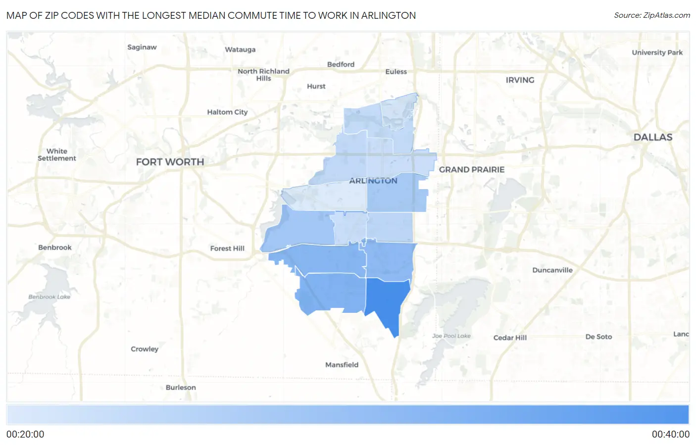 Zip Codes with the Longest Median Commute Time to Work in Arlington Map