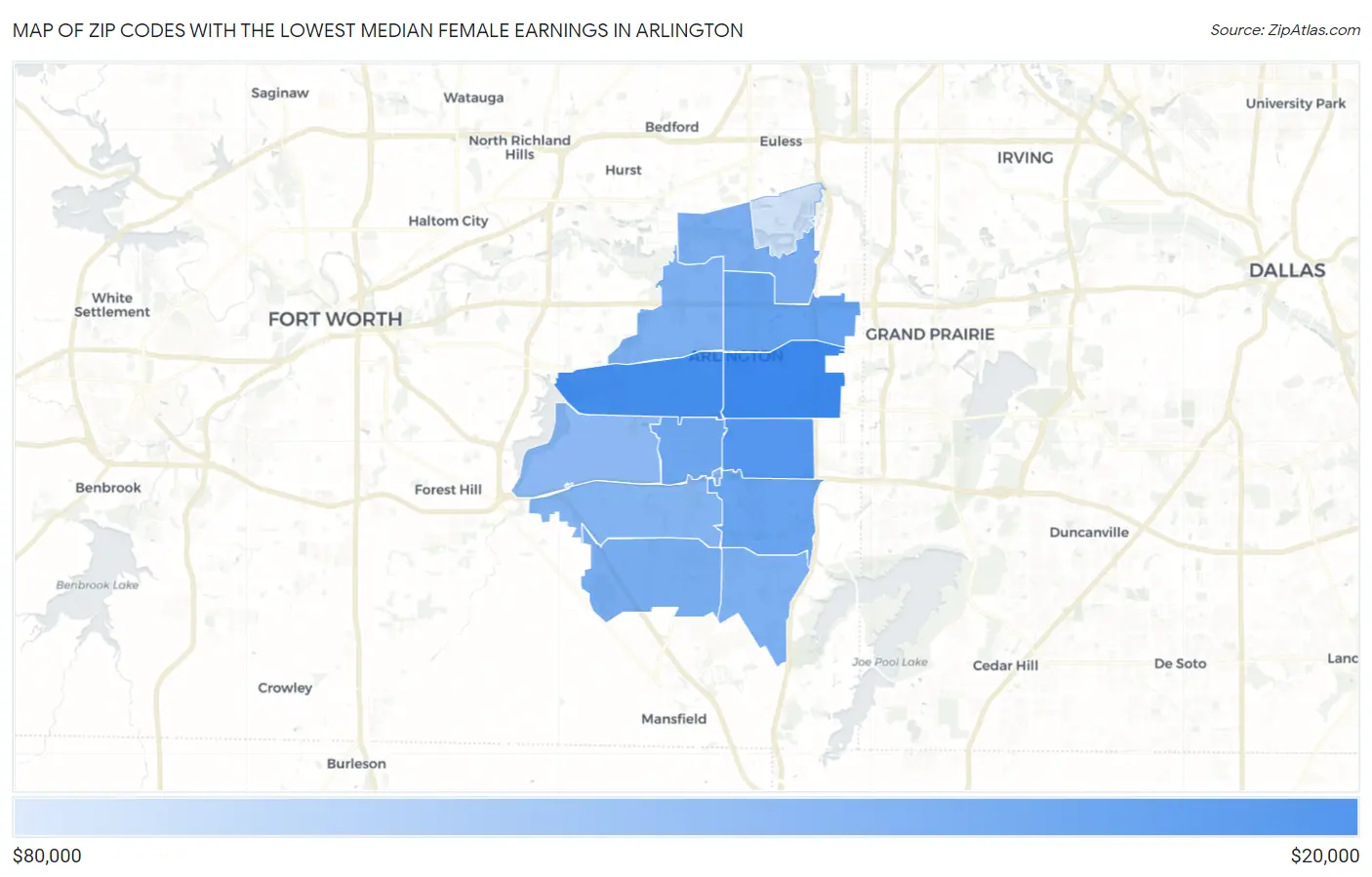 Zip Codes with the Lowest Median Female Earnings in Arlington Map