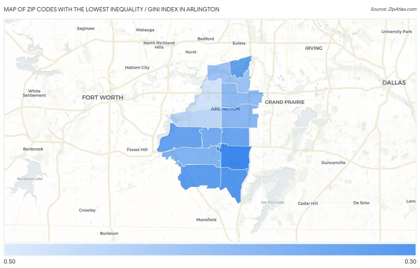 Zip Codes with the Lowest Inequality / Gini Index in Arlington Map