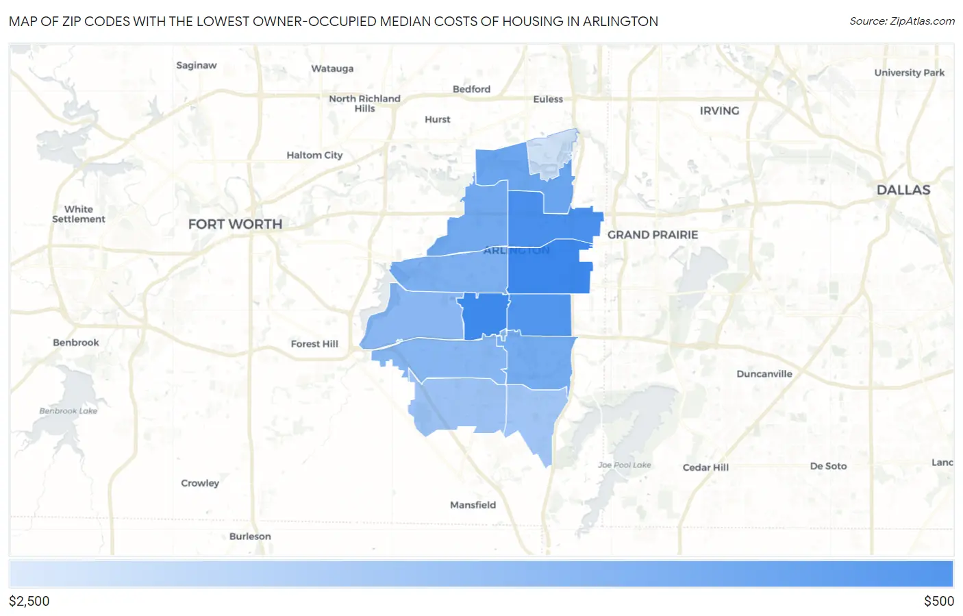 Zip Codes with the Lowest Owner-Occupied Median Costs of Housing in Arlington Map