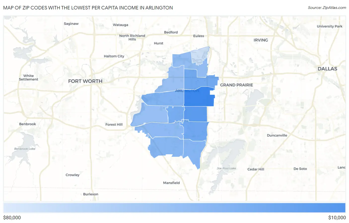 Zip Codes with the Lowest Per Capita Income in Arlington Map