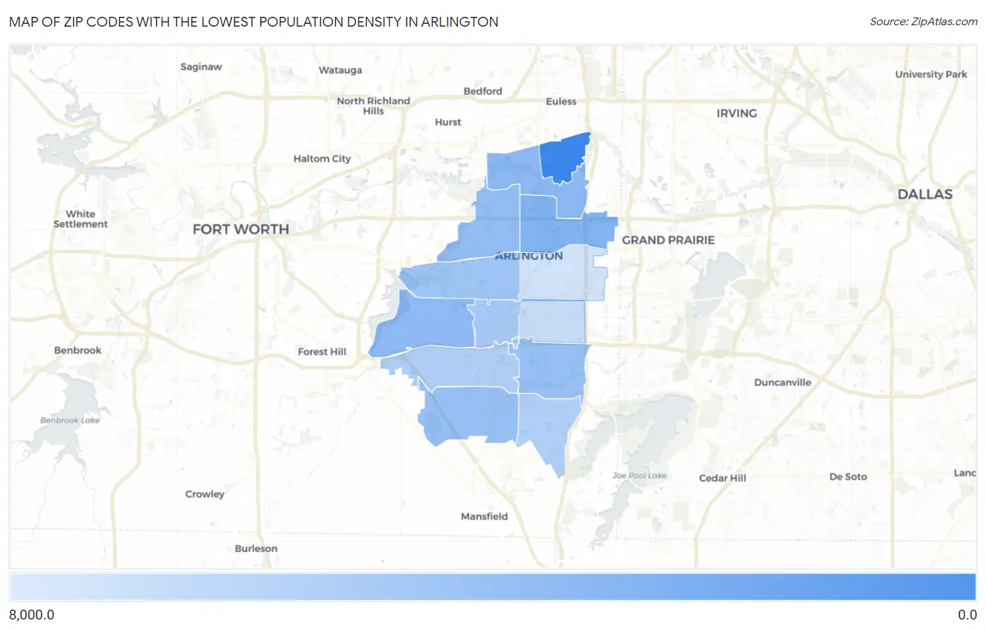 Zip Codes with the Lowest Population Density in Arlington Map