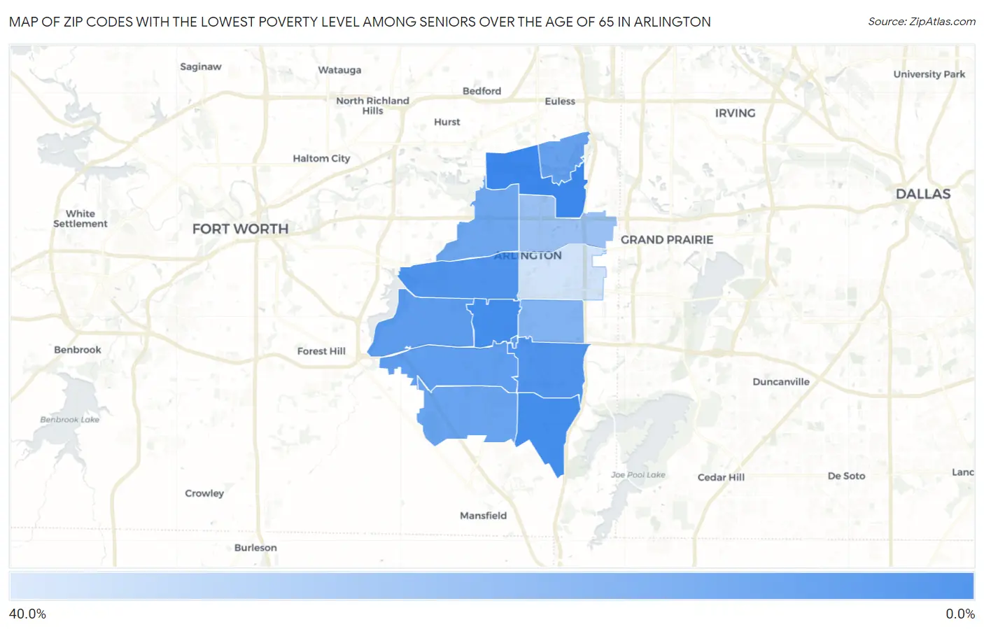 Zip Codes with the Lowest Poverty Level Among Seniors Over the Age of 65 in Arlington Map