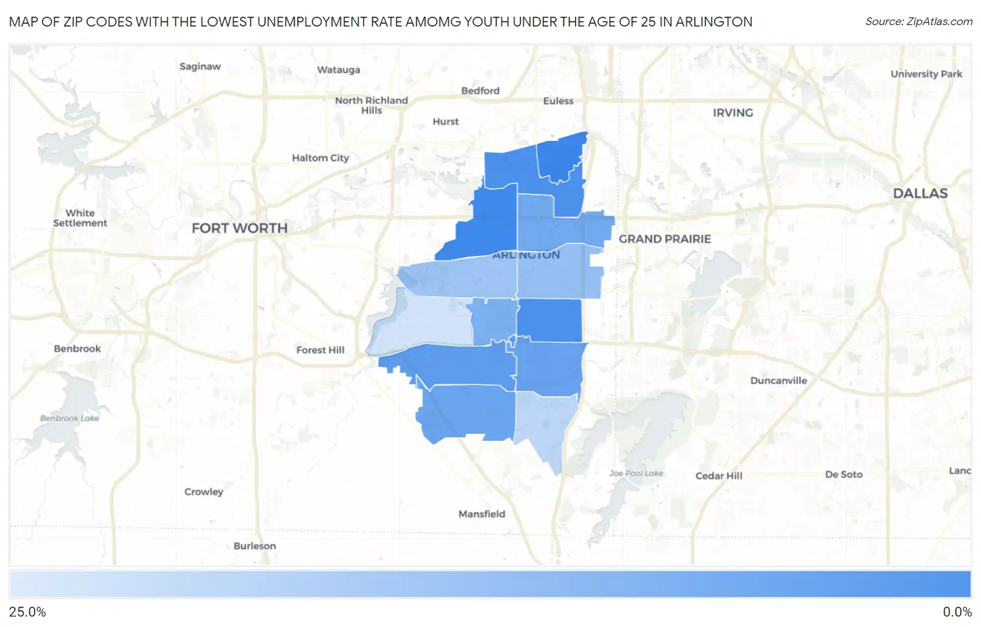 Zip Codes with the Lowest Unemployment Rate Amomg Youth Under the Age of 25 in Arlington Map