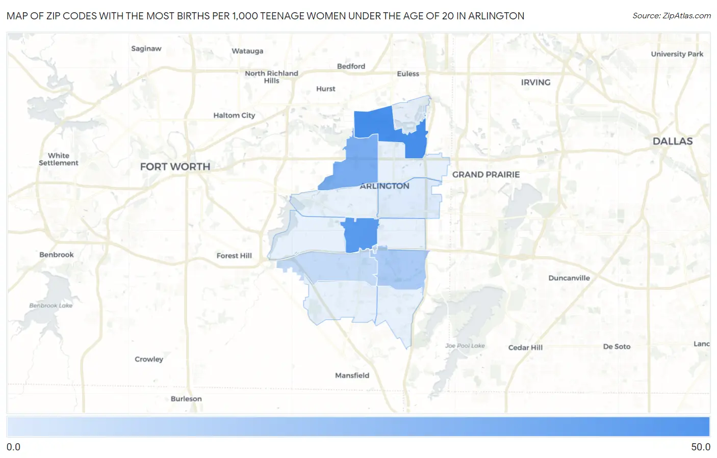 Zip Codes with the Most Births per 1,000 Teenage Women Under the Age of 20 in Arlington Map