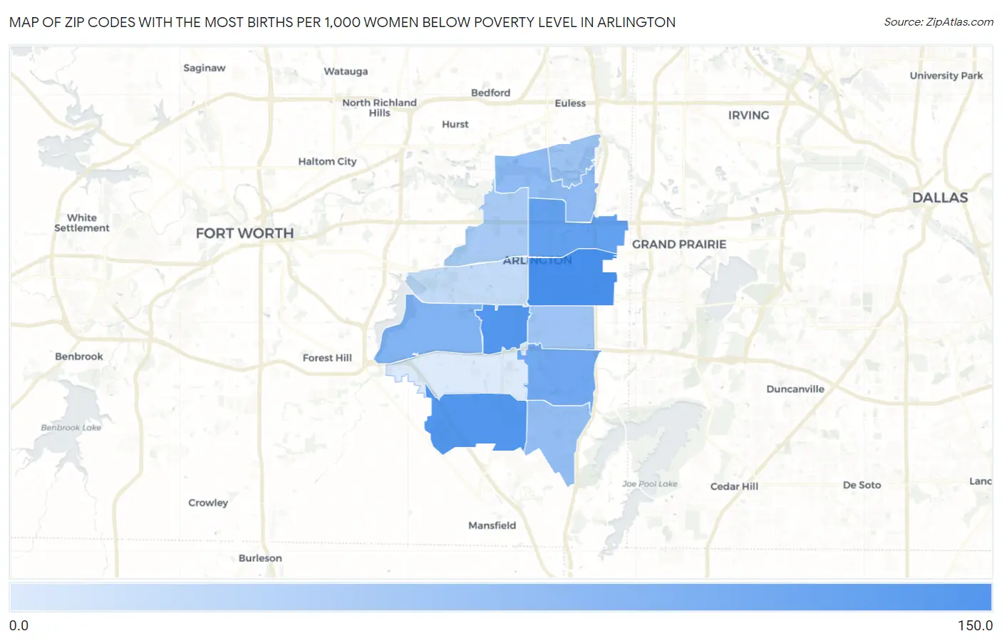 Zip Codes with the Most Births per 1,000 Women Below Poverty Level in Arlington Map