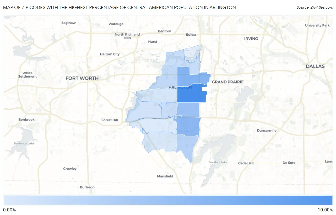 Zip Codes with the Highest Percentage of Central American Population in Arlington Map