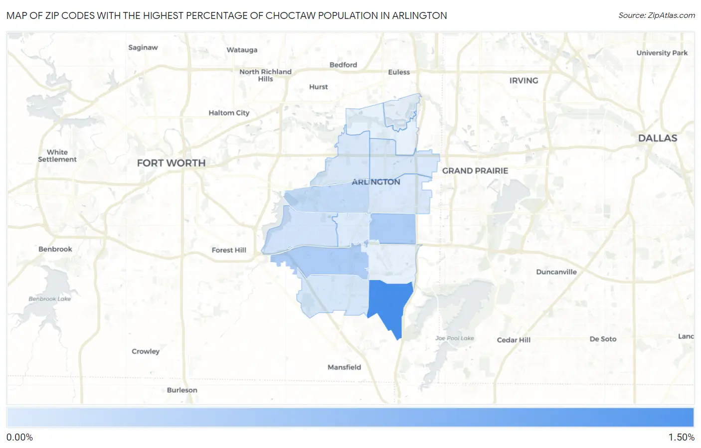 Zip Codes with the Highest Percentage of Choctaw Population in Arlington Map