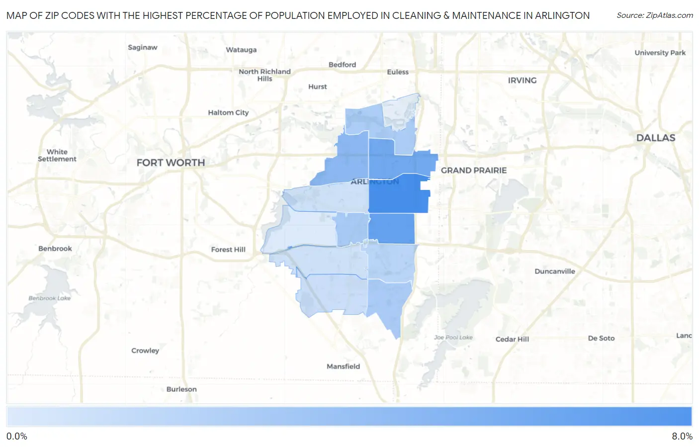 Zip Codes with the Highest Percentage of Population Employed in Cleaning & Maintenance in Arlington Map