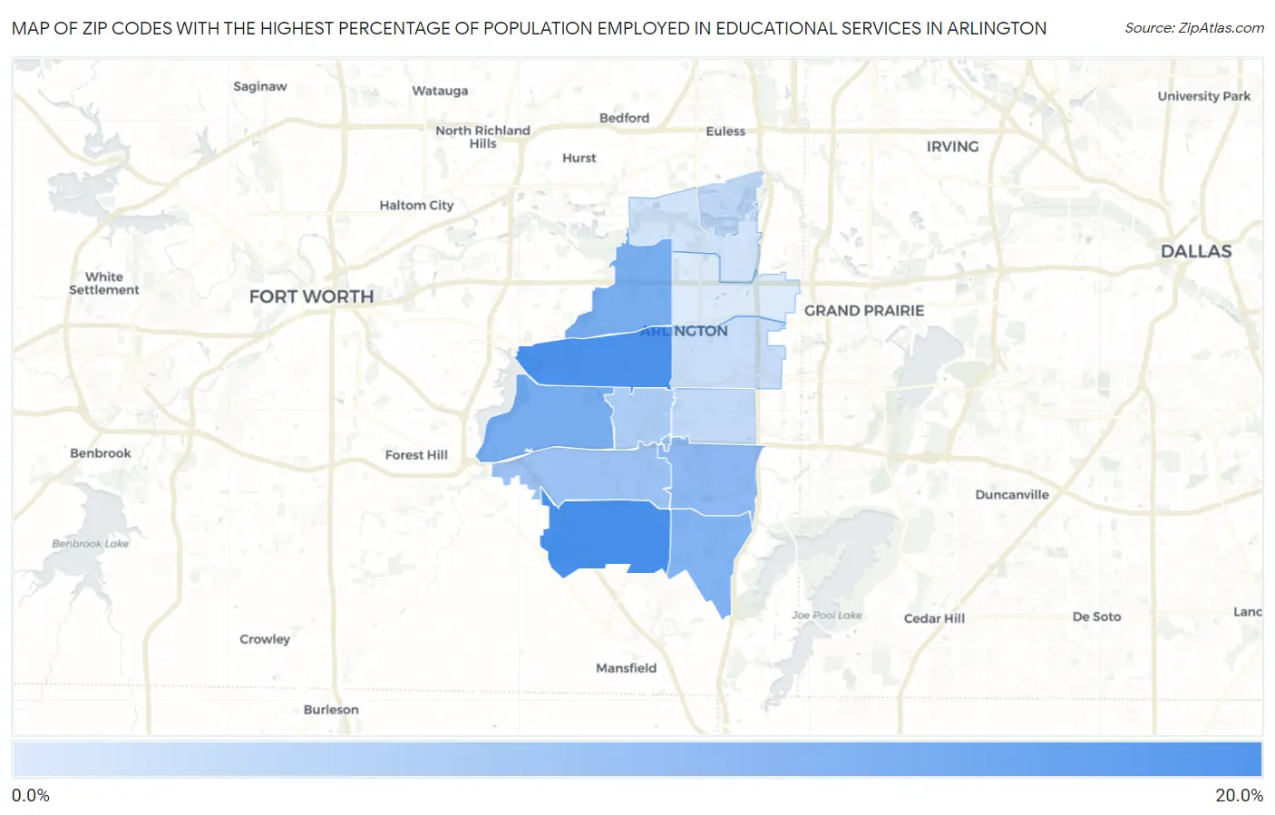Zip Codes with the Highest Percentage of Population Employed in Educational Services in Arlington Map