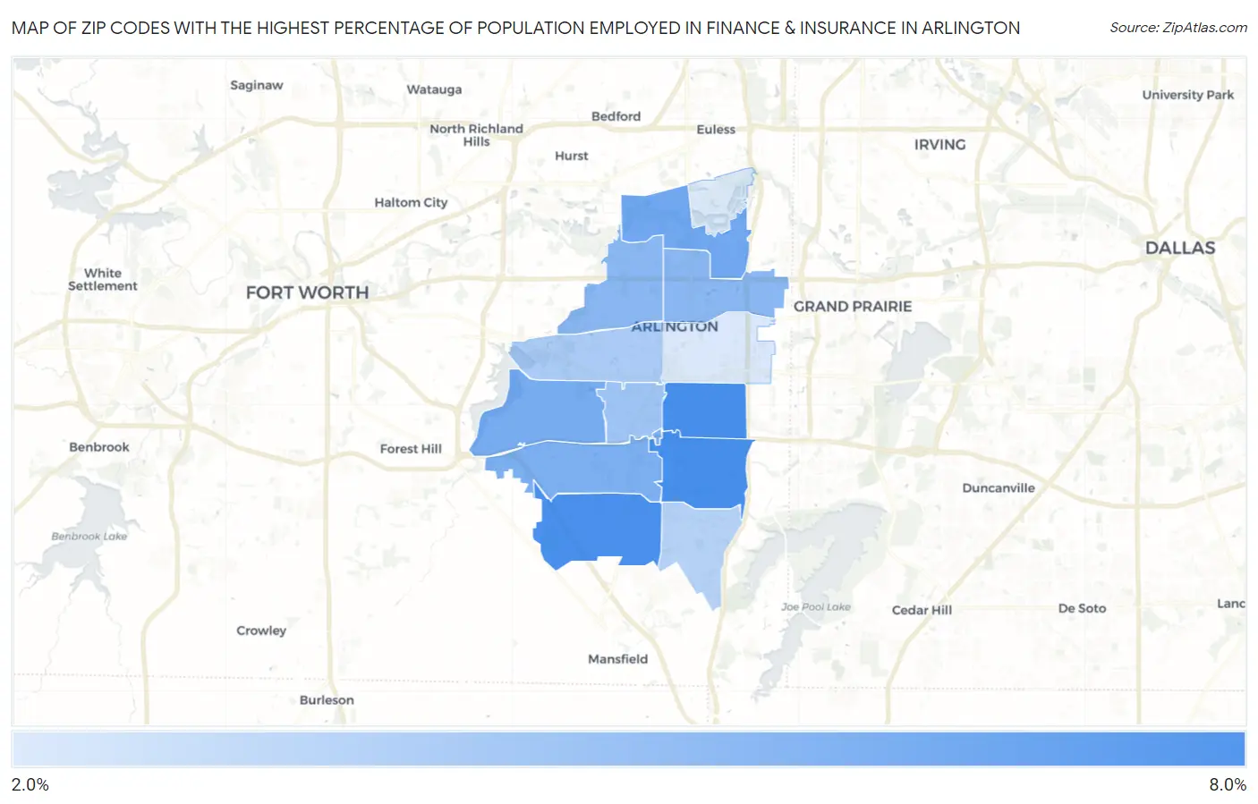 Zip Codes with the Highest Percentage of Population Employed in Finance & Insurance in Arlington Map
