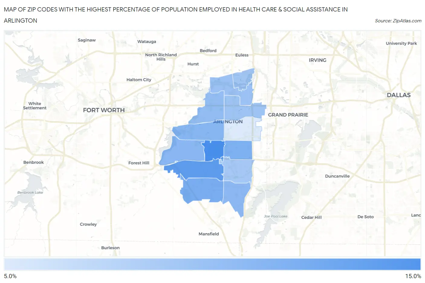 Zip Codes with the Highest Percentage of Population Employed in Health Care & Social Assistance in Arlington Map