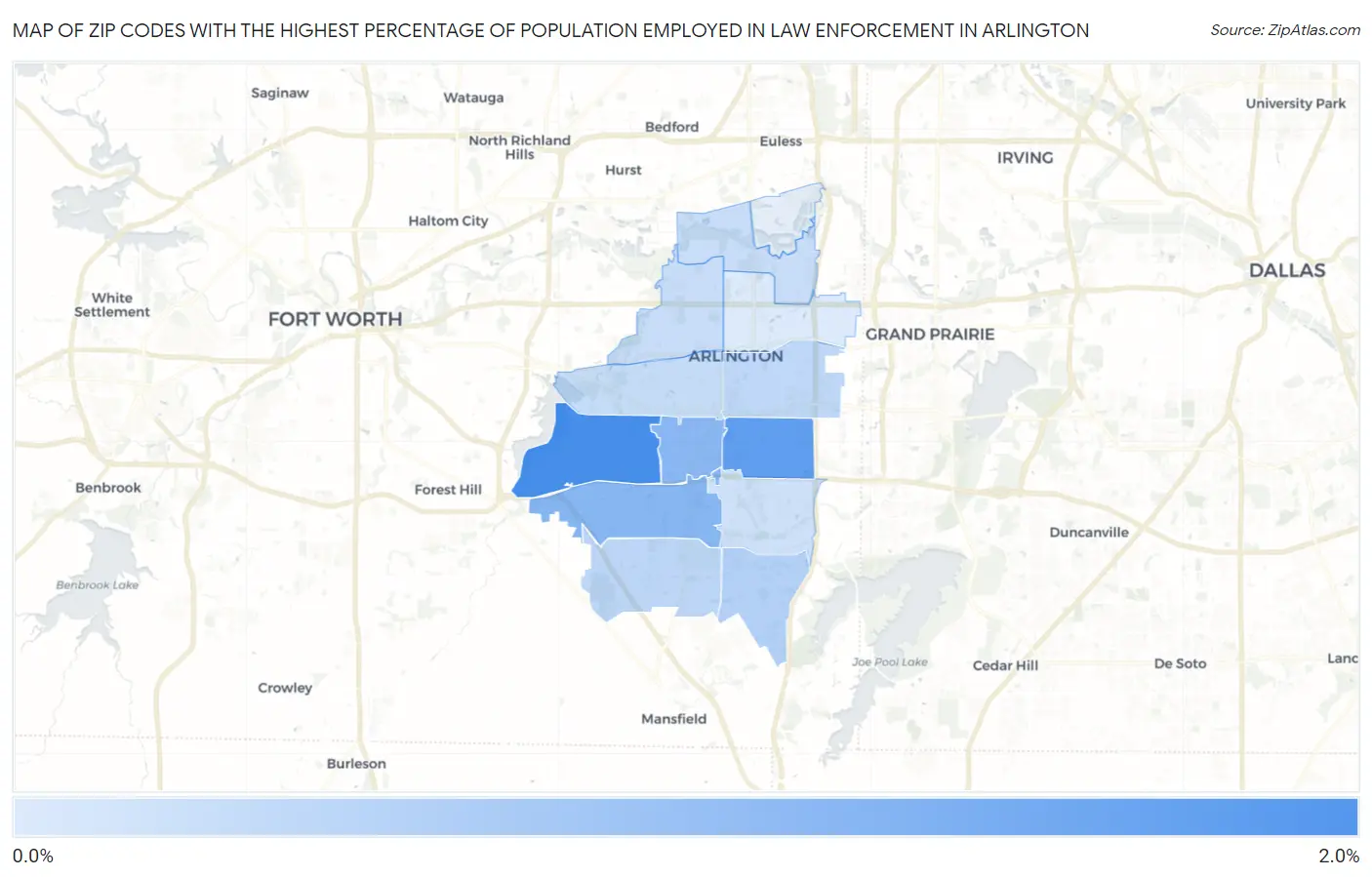Zip Codes with the Highest Percentage of Population Employed in Law Enforcement in Arlington Map