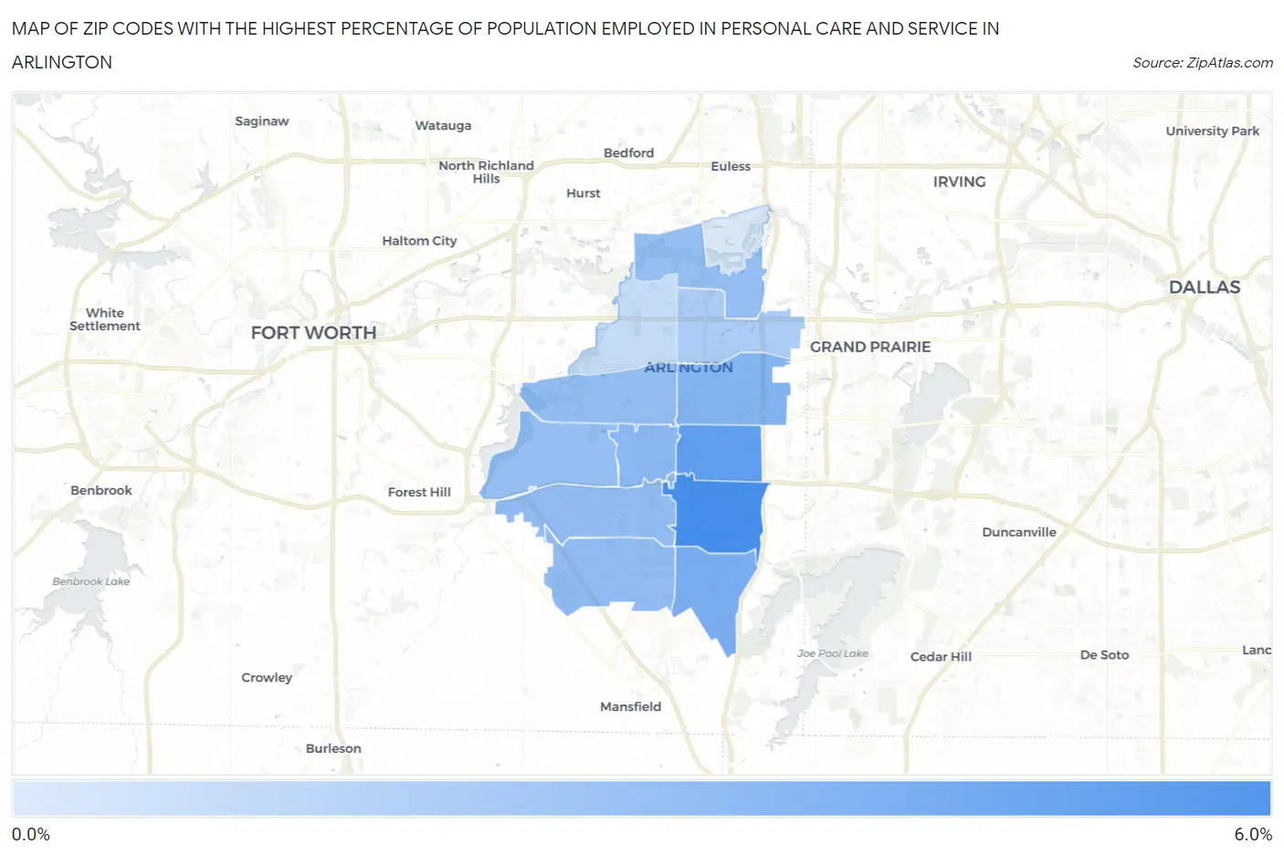 Zip Codes with the Highest Percentage of Population Employed in Personal Care and Service in Arlington Map