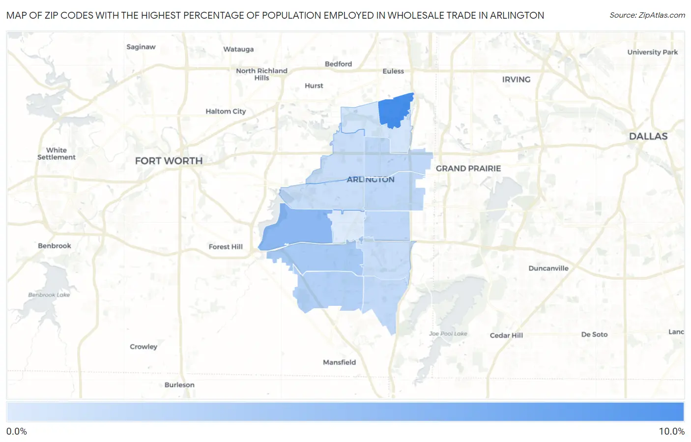 Zip Codes with the Highest Percentage of Population Employed in Wholesale Trade in Arlington Map
