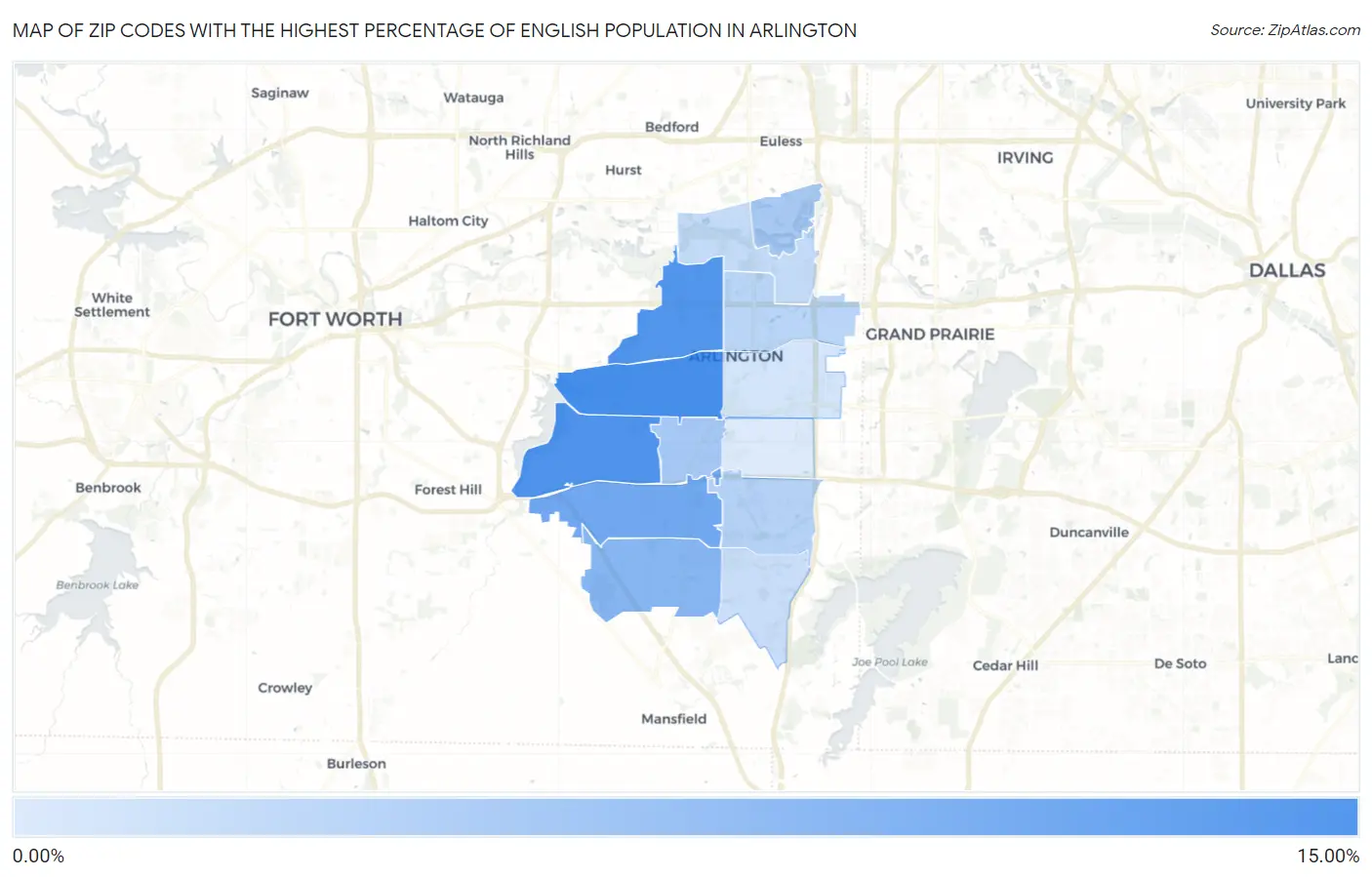 Zip Codes with the Highest Percentage of English Population in Arlington Map