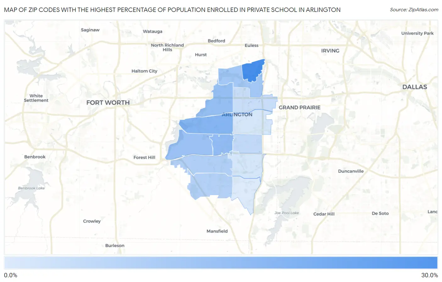 Zip Codes with the Highest Percentage of Population Enrolled in Private School in Arlington Map