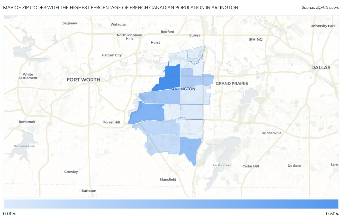 Zip Codes with the Highest Percentage of French Canadian Population in Arlington Map
