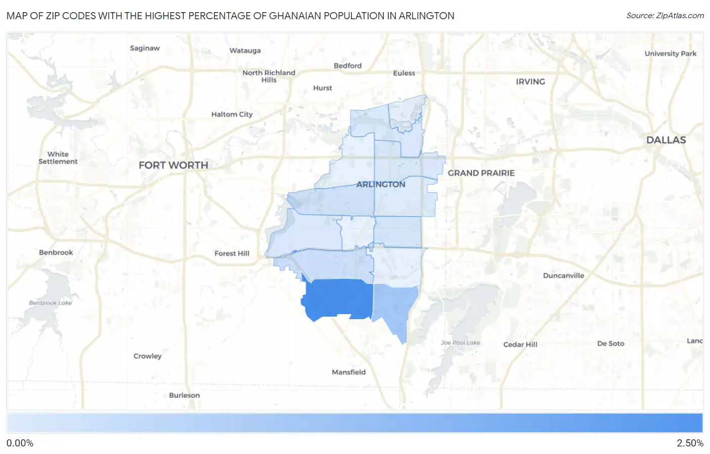 Zip Codes with the Highest Percentage of Ghanaian Population in Arlington Map