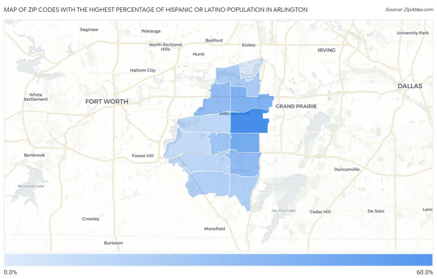 Zip Codes with the Highest Percentage of Hispanic or Latino Population in Arlington Map