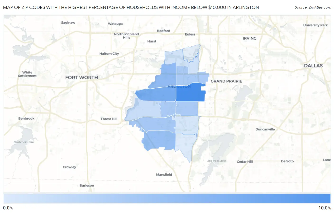 Zip Codes with the Highest Percentage of Households with Income Below $10,000 in Arlington Map