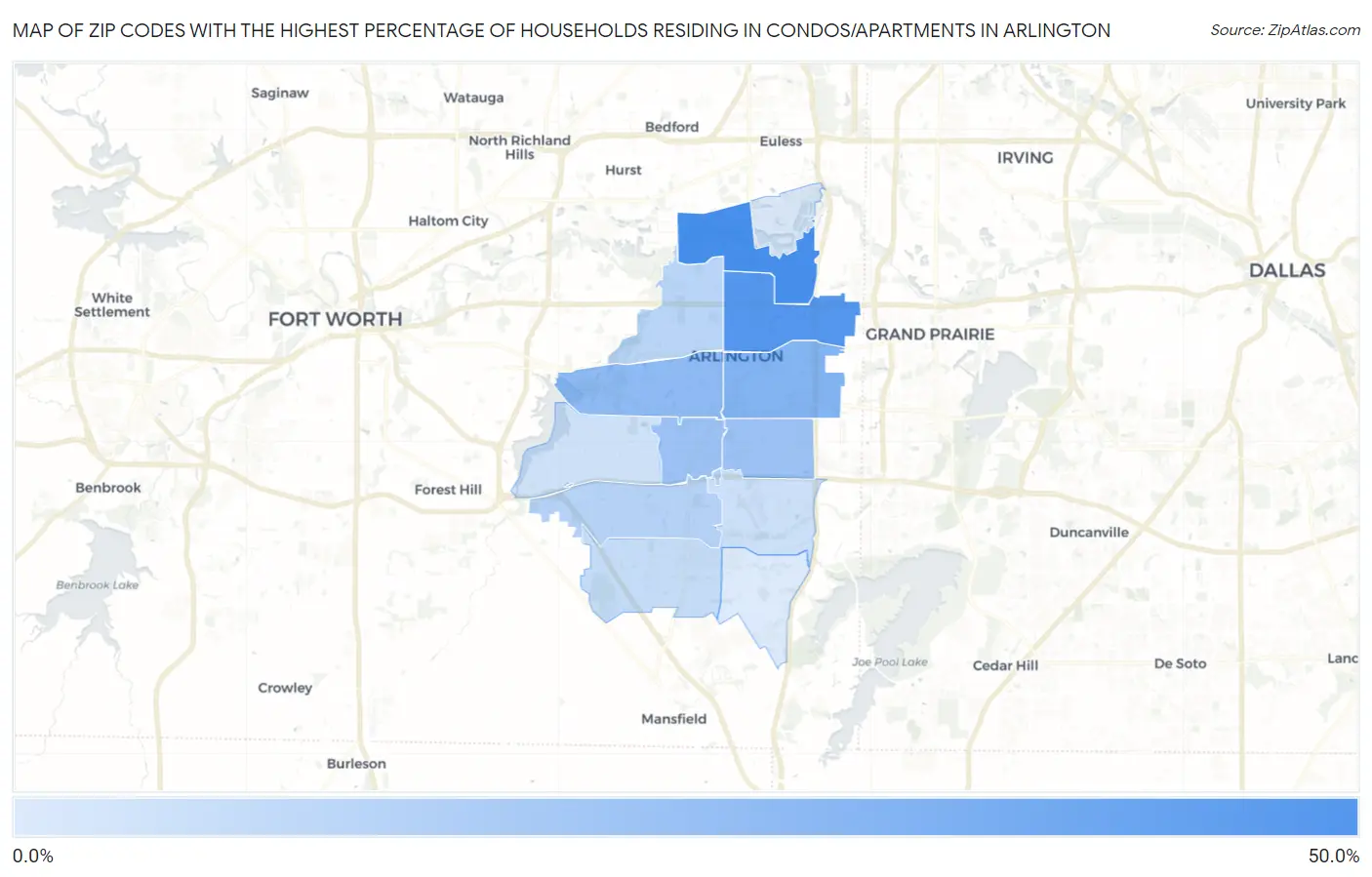 Zip Codes with the Highest Percentage of Households Residing in Condos/Apartments in Arlington Map