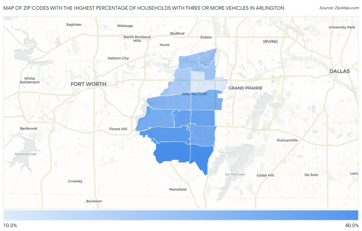 Zip Codes with the Highest Percentage of Households With Three or more Vehicles in Arlington Map