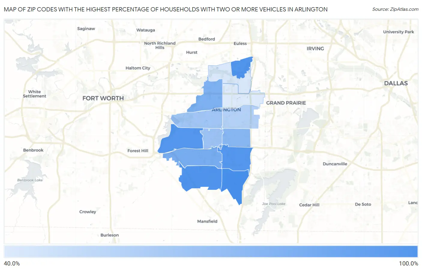 Zip Codes with the Highest Percentage of Households With Two or more Vehicles in Arlington Map