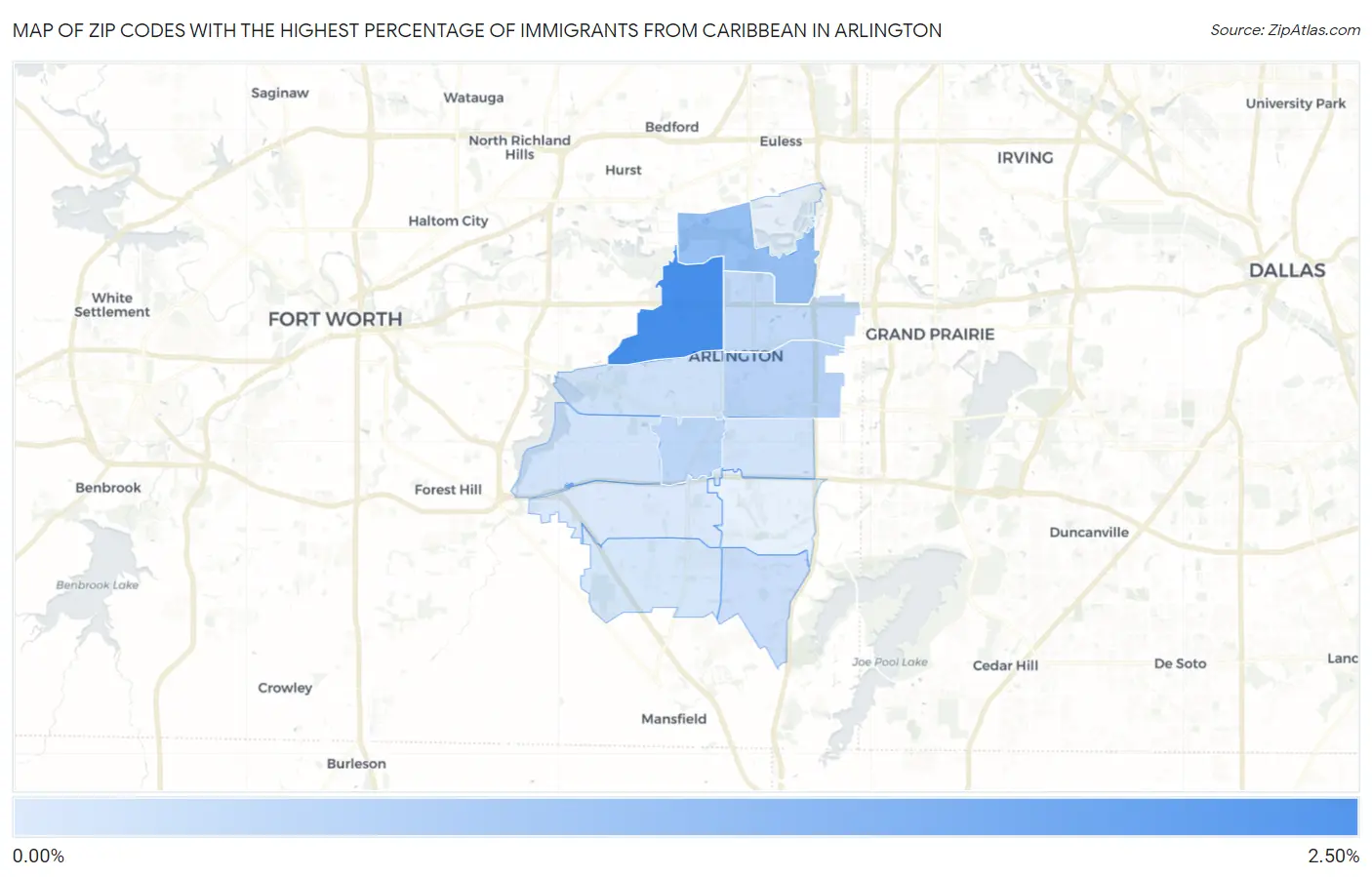 Zip Codes with the Highest Percentage of Immigrants from Caribbean in Arlington Map